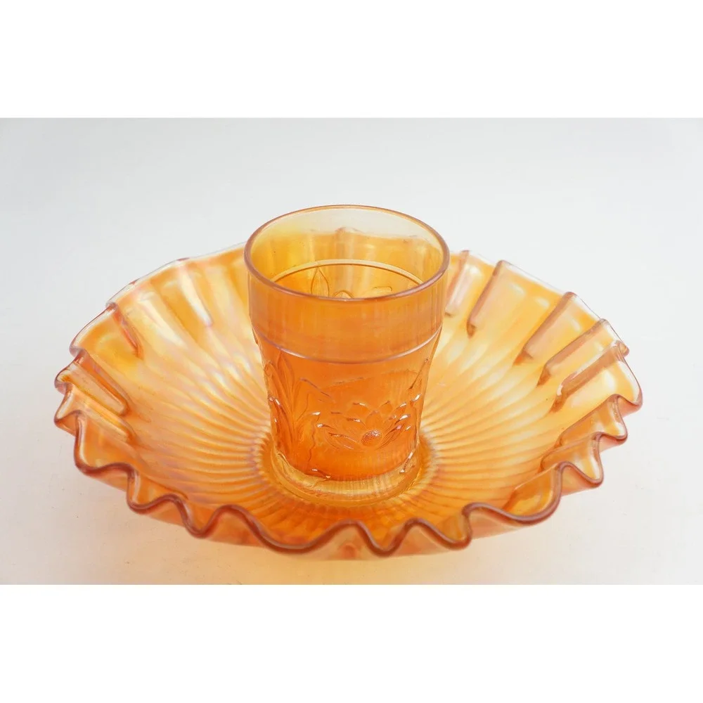 Northwood Glass Carnival Ruffled Glass Bowl & Cattails‎ Tumbler Set Marigold EUC